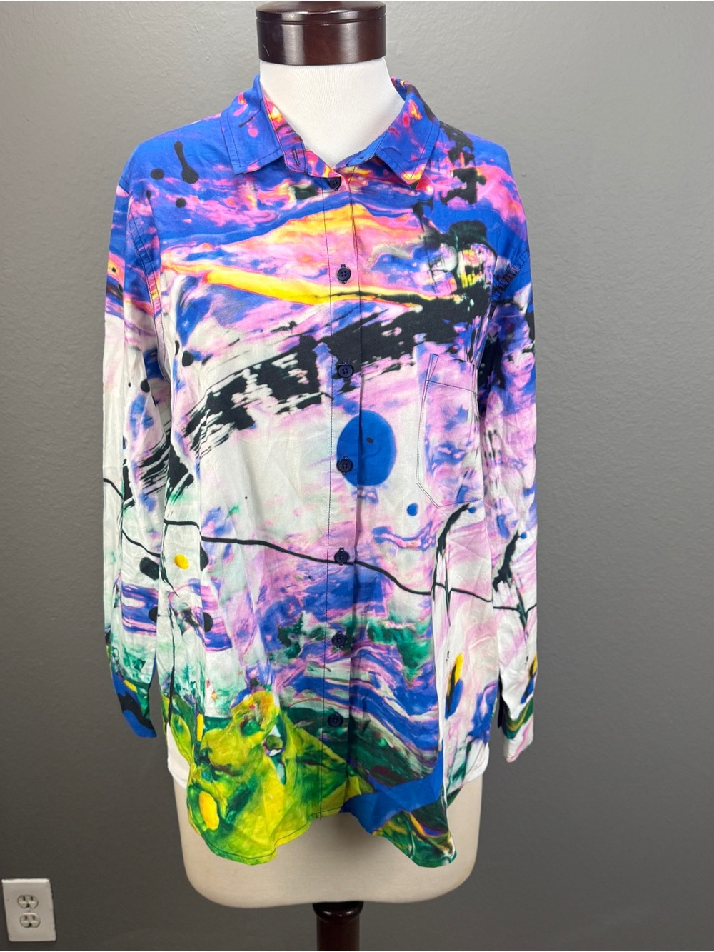 The Kit  Zoe Abstract Print Multi-color  Long sleeve Shirt Sz L Streetwear Art